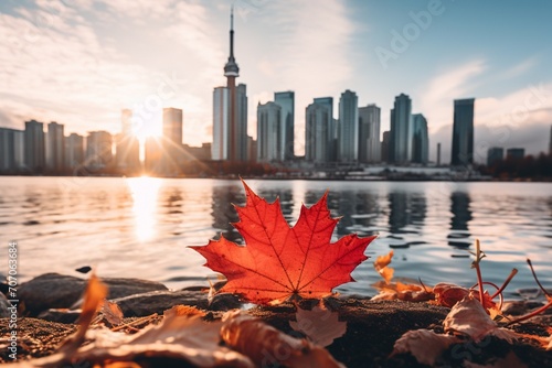canada flag with the city of toronto in the background photo