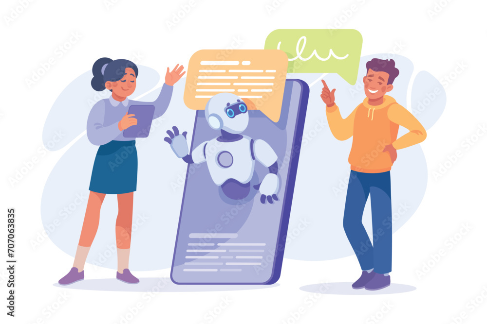 Ai Chatbot Communication with Man and Woman at Smartphone Vector Illustration