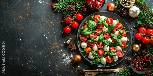 Caprese salad in the shape of christmas tree. Festive appetizer on dark table. Christmas table setting concept with salad caprese. Christmas background. Top view, Copy space  photo
