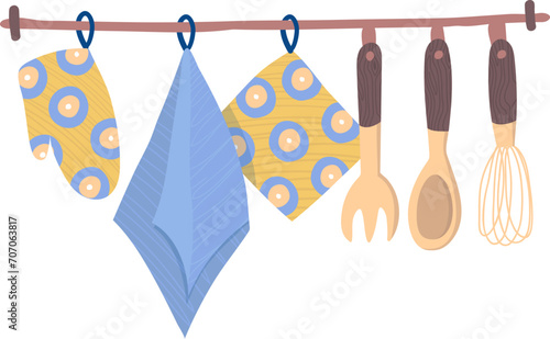 Kitchen utensils and dish towel hanging on a rack. Wooden spoons, whisk, and patterned towel. Home cooking and kitchen organization vector illustration.