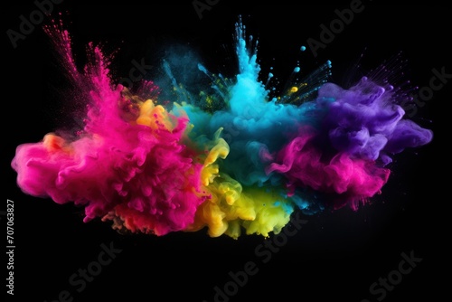 Colorful holi powder splashing. Colorful powder explosion isolated on black background. Colorful cloud of smoke. Holi Celebration. Holi Concept. Indian Concept.