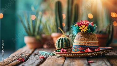 Cinco de Mayo holiday background with Mexican cactus and party sombrero hat on wooden table 