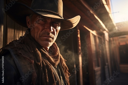 cinematic, cowboy in front of western bar door, out door, sunlight, dust