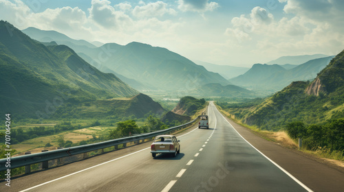Scenic highway with car driving through lush green mountains on a sunny day, showcasing natural beauty and travel concept. photo