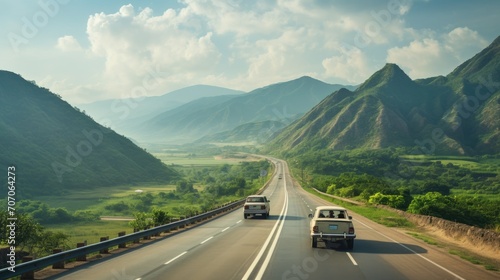 Scenic highway with car driving through lush green mountains on a sunny day, showcasing natural beauty and travel concept.