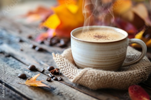 Cozy autumn themed picture. Centered coffee cup, surrended by leaves, cookies, pumpkin and other decorations. photo