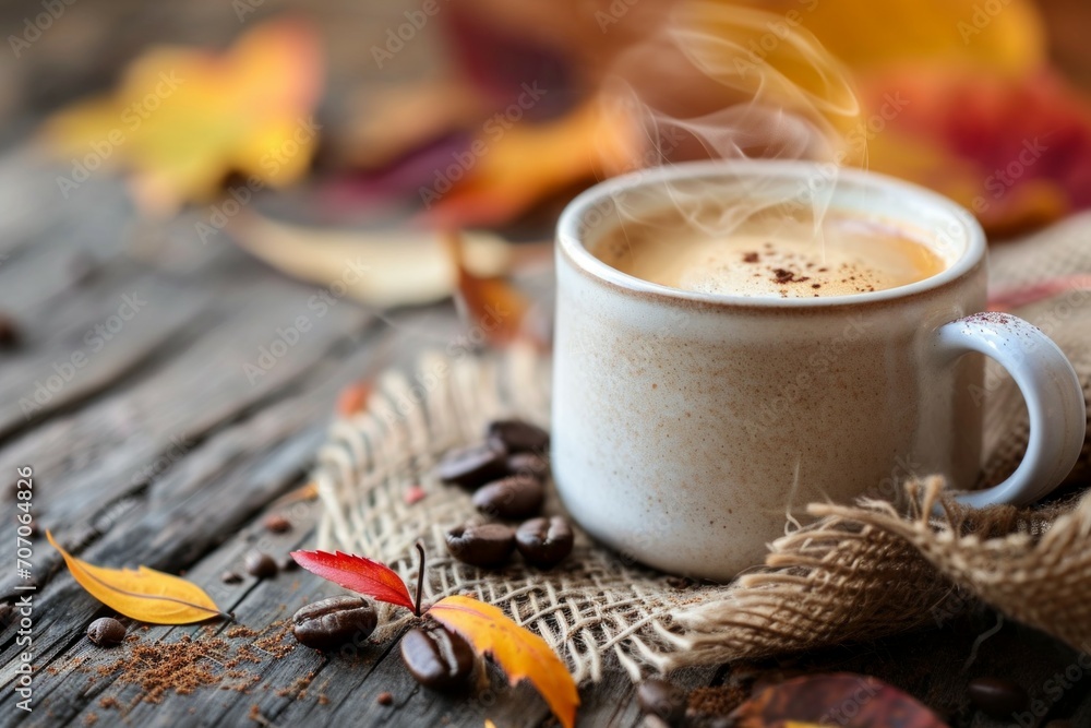 Cozy autumn themed picture. Centered coffee cup, surrended by leaves, cookies, pumpkin and other decorations. Cozy autumn themed picture. Centered coffee cup, surrended by leaves, cookies, pumpkin and other decorations.