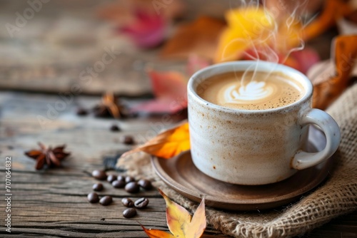 Cozy autumn themed picture. Centered coffee cup, surrended by leaves, cookies, pumpkin and other decorations. photo