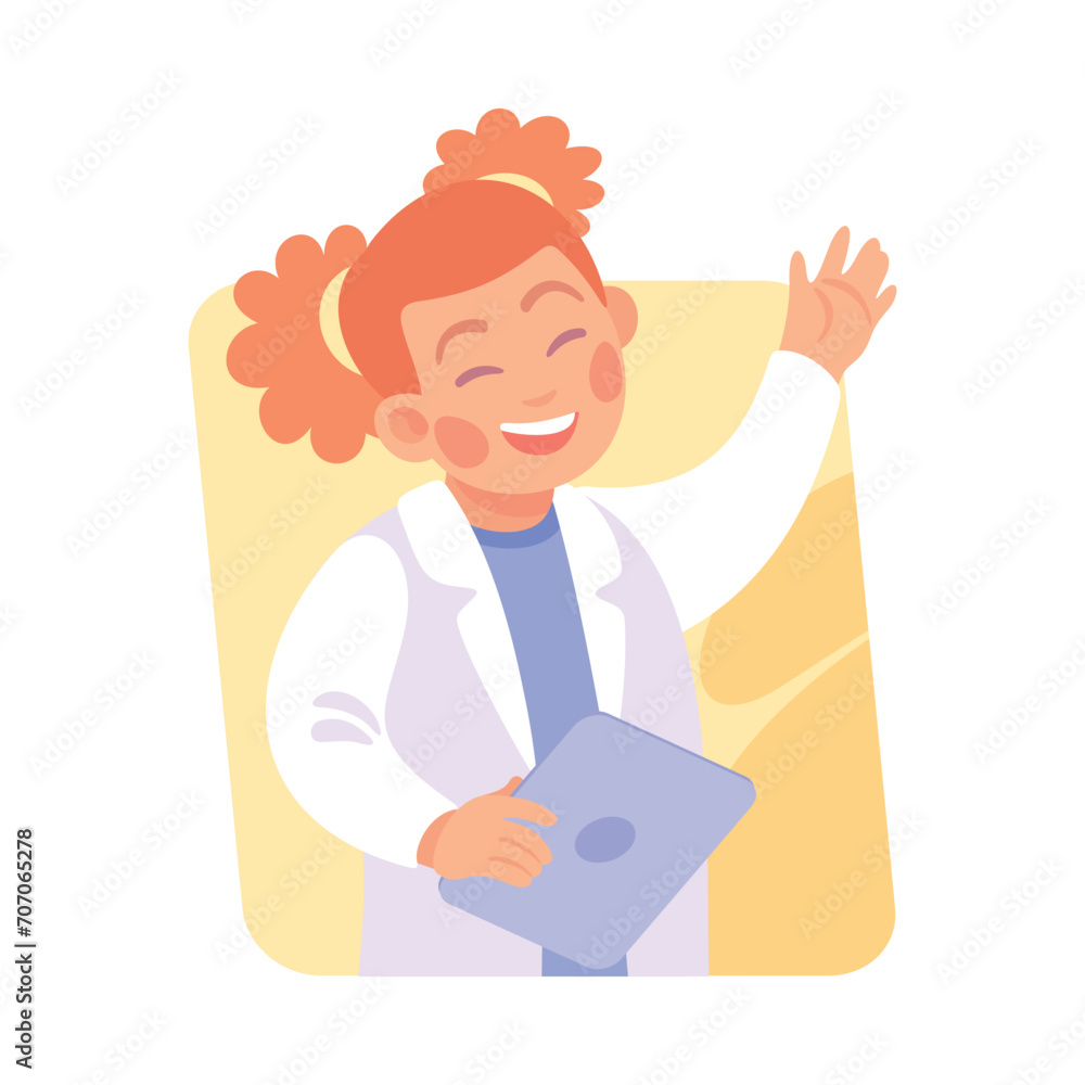 Girl in Laboratory Coat with Tablet Talking Vector Illustration Girl in Laboratory Coat with Tablet Talking Vector Illustration