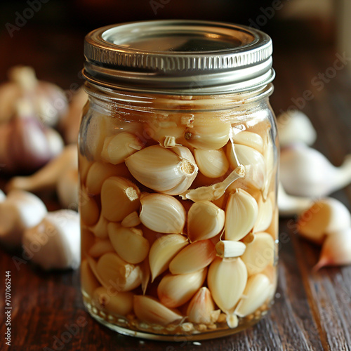 Garlic in spicy sauce Spicy pickled garlic, on a wooden table, in a glass jar, homemade food, vegetarian food. Healthy and tasty.