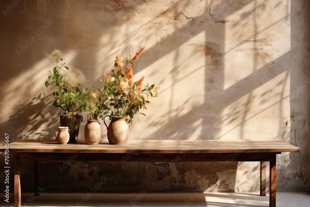 A Mediterranean-themed setting features a sunlit wooden bench adorned with vases of plants against a charming old plastered wall A Mediterranean-themed setting features a sunlit wooden bench adorned with vases of plants against a charming old plastered wall