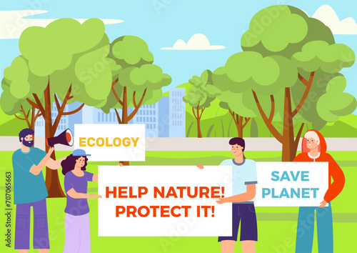 Environmental activists holding signs, man with megaphone in park. Group promoting conservation and sustainability. Environmentalism and green activism vector illustration