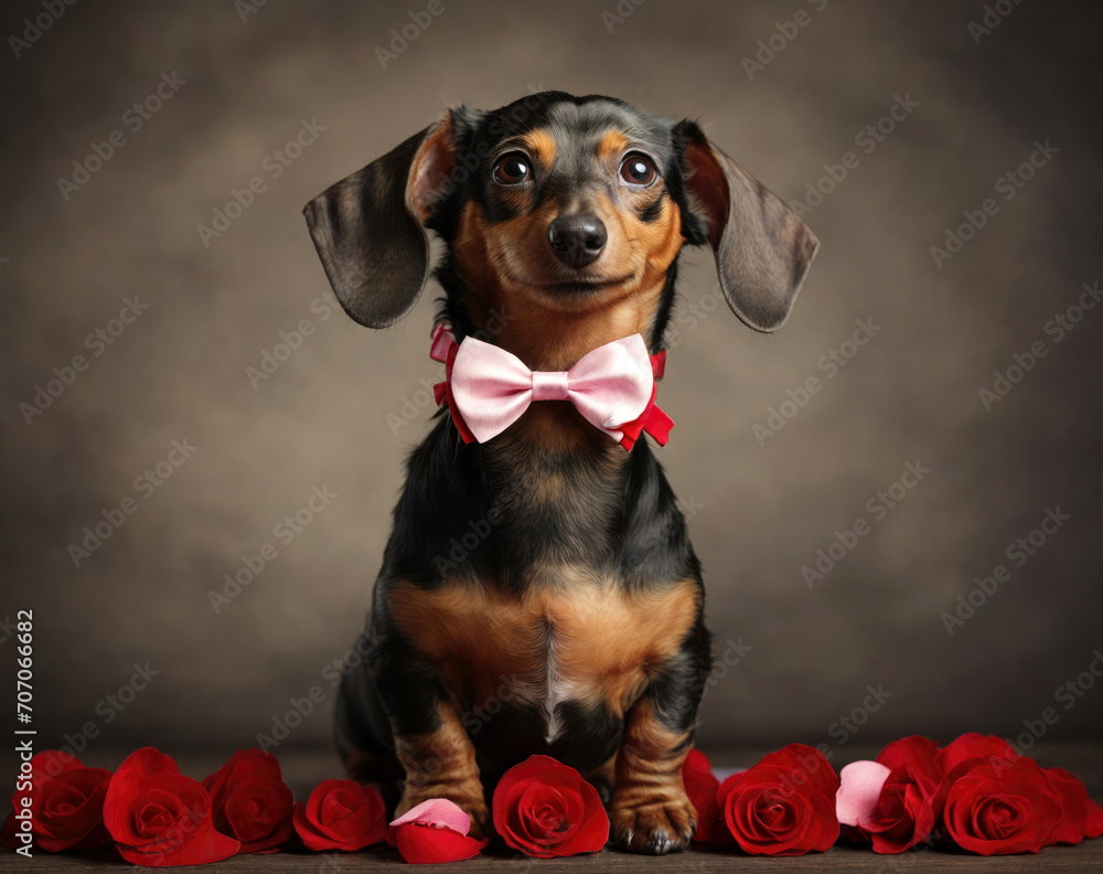 Cute dachshund dog with a red bow and rose flowers. Love for pets