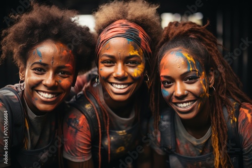 Unidentified people at the Holi festival. View of unknowns people attending a religious ceremony. Colorful Holi. Portrait of happy friends at holi color festival. Holi Celebration. Holi Concept.