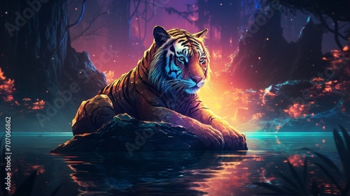 Tiger sitting river bank neon lights animal wallpaper image Ai generated art photo