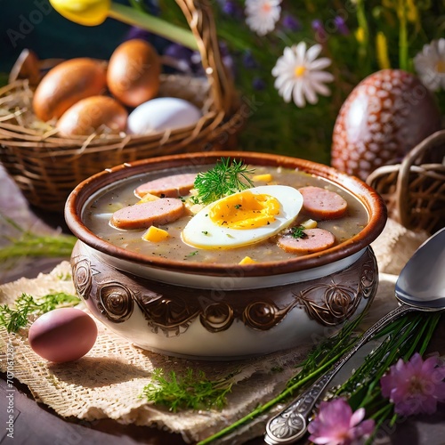 Żurek z jajkiem i białą kiełbasą - tradycyjna polska potrawa wielkanocna photo