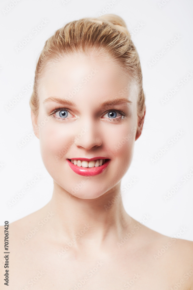 Portrait, beauty and woman in studio with cosmetics, make up and happy for wellness by white background. Female model, smile and glow face in red lipstick and blonde hair for confidence in foundation Portrait, beauty and woman in studio with cosmetics, make up and happy for wellness by white background. Female model, smile and glow face in red lipstick and blonde hair for confidence in foundation