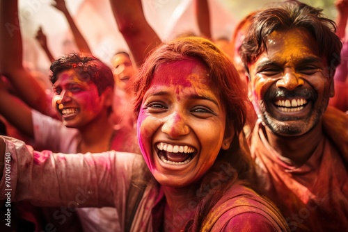 Unidentified people at the Holi festival. View of unknowns people attending a religious ceremony. Colorful Holi. Portrait of happy friends at holi color festival. Holi Celebration. Holi Concept. © John Martin