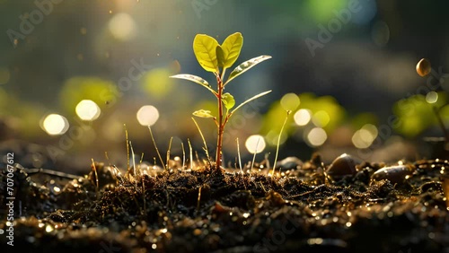 Seedling are growing from the rich soil to the morning sunlight that is shining, seedling, cultivation. agriculture, horticulture. plant growth evolution from seed to sapling, ecology concept. Young p