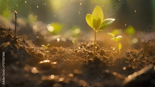 Seedling are growing from the rich soil to the morning sunlight that is shining, seedling, cultivation. agriculture, horticulture. plant growth evolution from seed to sapling, ecology concept. Young p photo