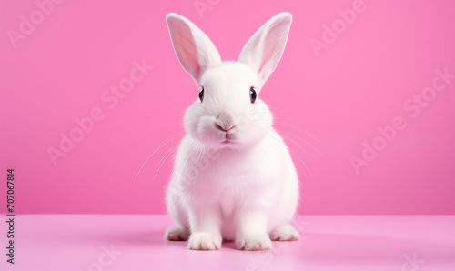 Cute fluffy white rabbit on a pink background. Generated by artificial intelligence.  © Ailee Tian