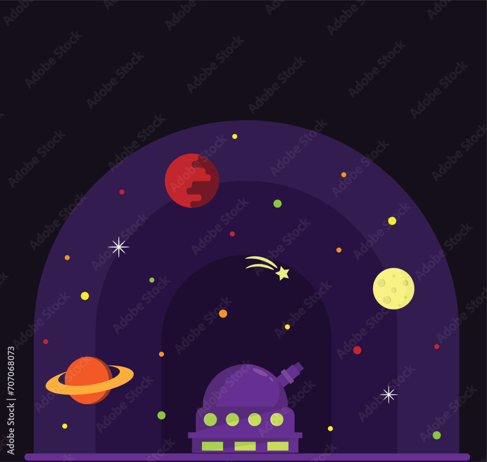 Scientific Observatory Exploring Space Flat Style. Science and cosmos exploration topic vector art Scientific Observatory Exploring Space Flat Style. Science and cosmos exploration topic vector art
