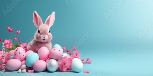Pink and blue Easter eggs together with spring flowers and a pink rabbit on a blue background. Generated by artificial intelligence.