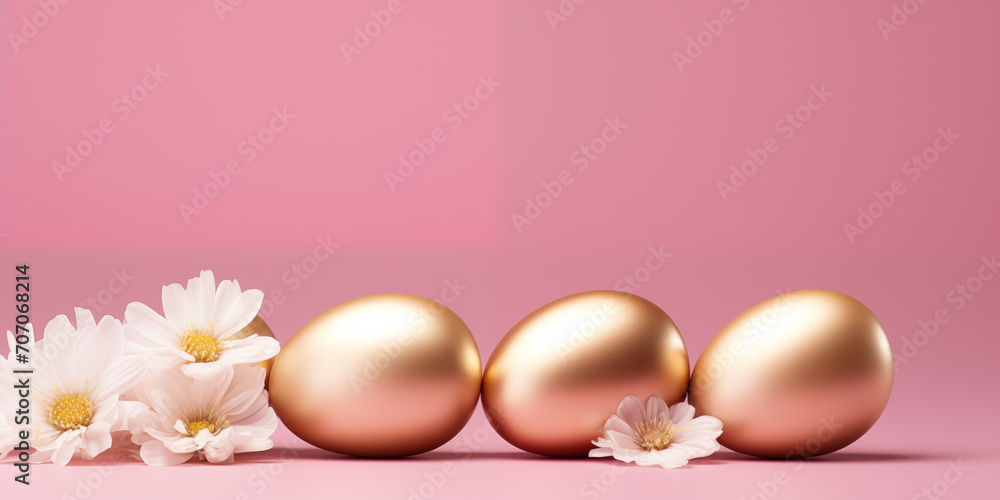 Golden eggs with white flowers on a pink background. Generated by Artificial Intelligence