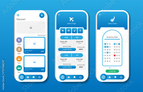 Application for travel booking. Collection of travel booking interface templates. Responsive GUI for mobile applications. Vector illustration