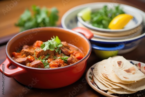 chorizo and bean stew in a terracotta dish, accompanied by a stack of tortillas