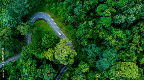 Fototapeta Naklejka Na Ścianę i Meble -  Aerial top view road in forest with car motion blur. Winding road through the forest. Car drive on the road between green forest. Ecosystem ecology healthy environment road trip.