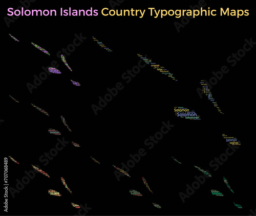 Solomon Islands. Set of typography style country illustrations. Solomon Islands map shape built of horizontal and vertical country names. Vector illustration.