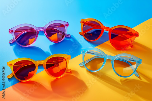 Sunglasses composition in many bright colors in transparent plastic. Top view with shadow. Trendy glasses isolated on colorful background. Fashionable eyewear for women. Minimal summer concept.