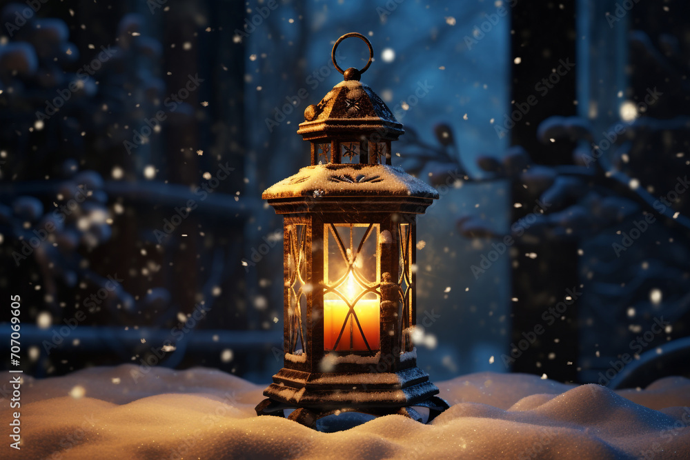 Lantern as house in snow with candle Lantern as house in snow with candle