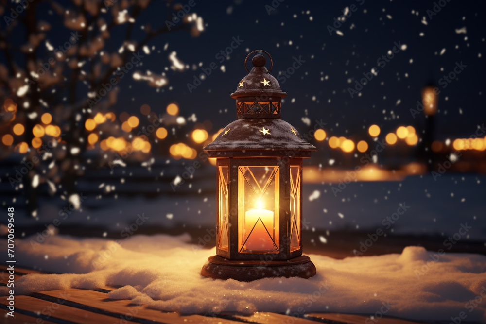 Lantern as house in snow with candle Lantern as house in snow with candle