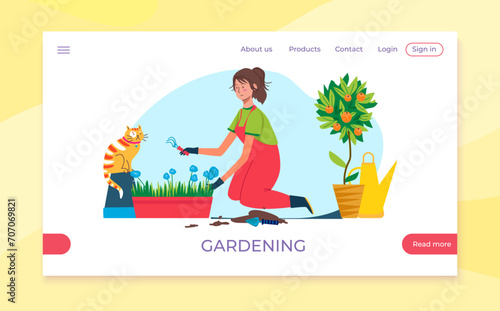 Young woman gardening with trowel, cat watching. Indoor planting activity, potted citrus tree and watering can. Horticulture hobby, indoor garden vector illustration