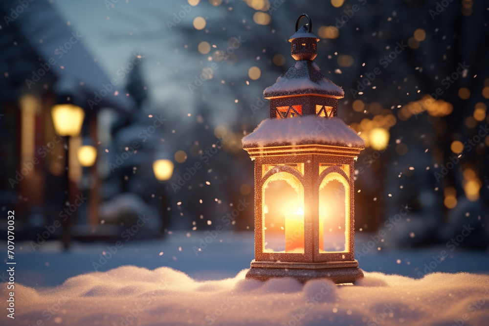 Lantern as house in snow with candle Lantern as house in snow with candle