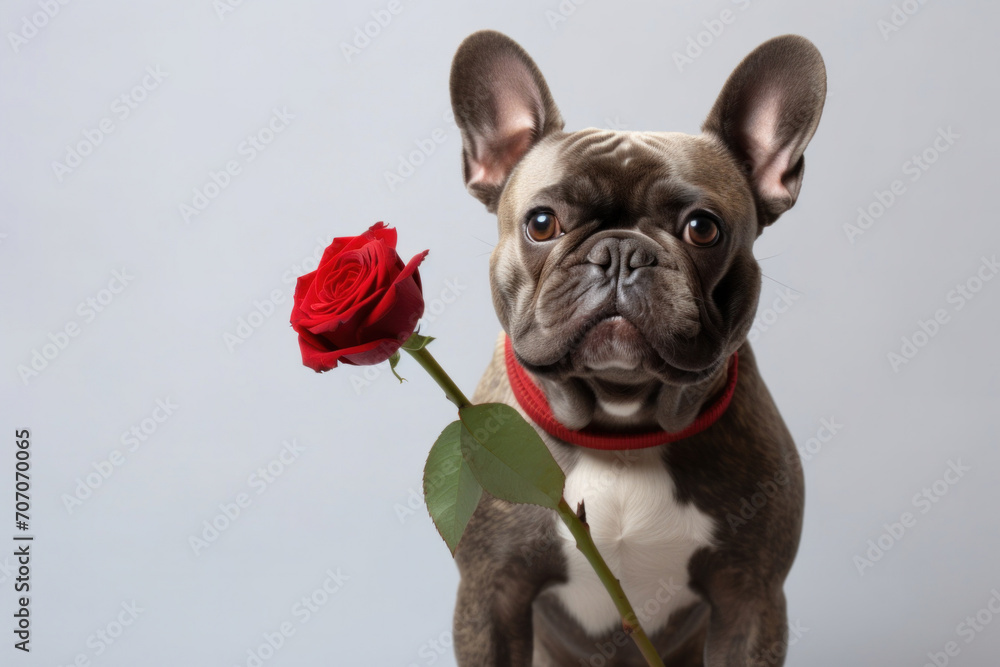 A dog holds a red rose in his mouth as a gift for Valentine's Day on a white background.