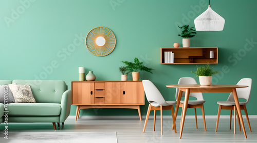 chairs at the round wooden dining table in the room with sofa and closet near the green wall. Scandinavian, mid-century modern living home interior design