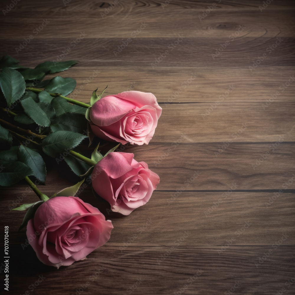 Roses on wooden board for Valentines Day background.