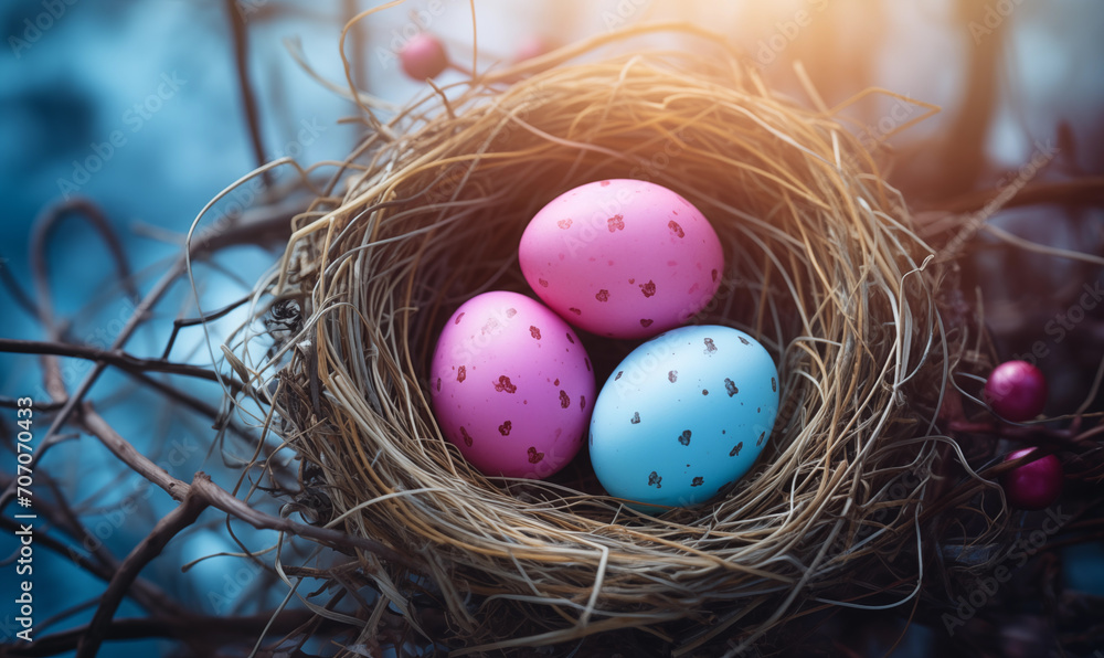 Fototapeta premium Easter eggs in the nest on a colorful background. Generated by artificial intelligence. 