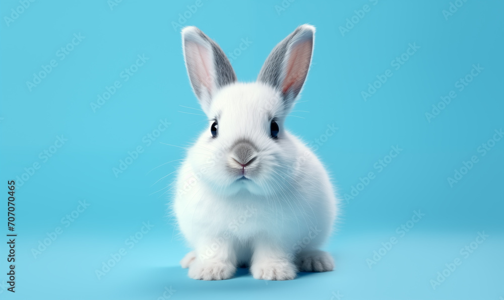 Cute fluffy white rabbit on a blue background. Generated by artificial intelligence. 