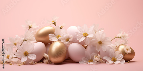 Golden and white eggs with white flowers on a pink background. Generated by Artificial Intelligence