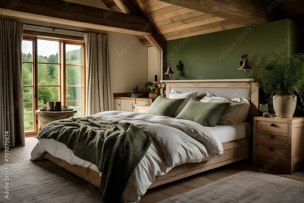 Obraz premium Wood bedside cabinet near bed with green blanket. Farmhouse interior design of modern bedroom with lining wall and beam ceiling