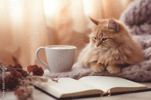 list with notebook, coffee cup, cute cat on table. Goals, resolutions, plan, cozy, hygge concept