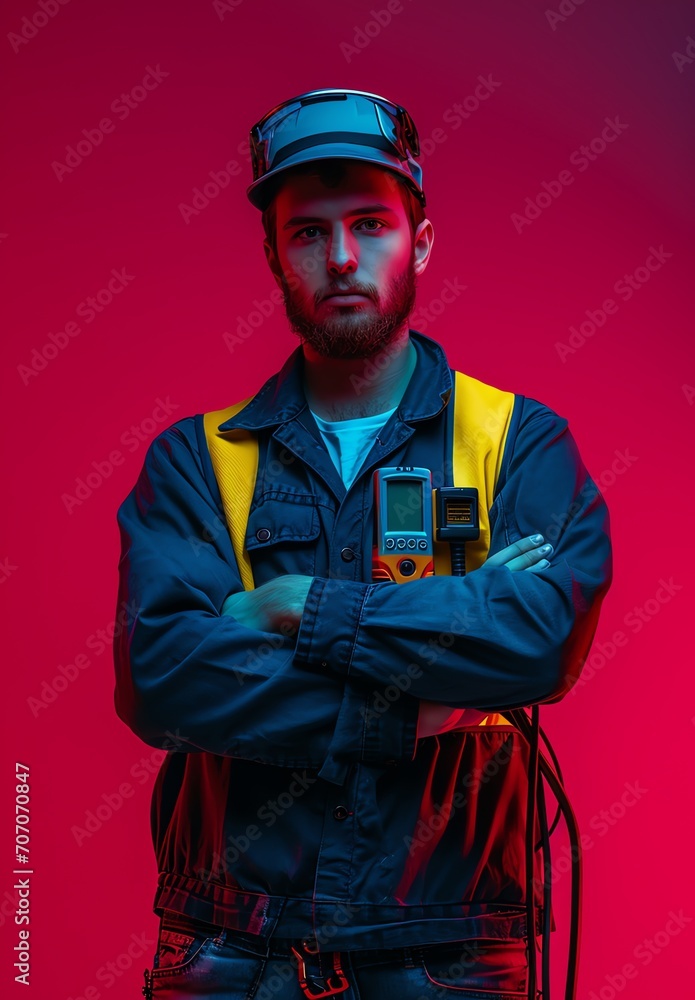 Young Electrician in front of a red blue background. Young Electrician in front of a red blue background.