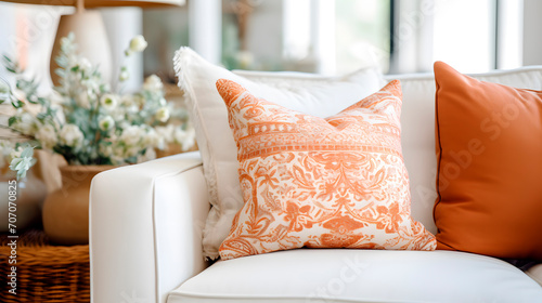 Close up of fabric sofa with white and terra cotta pillows. French country home interior design of modern living room photo
