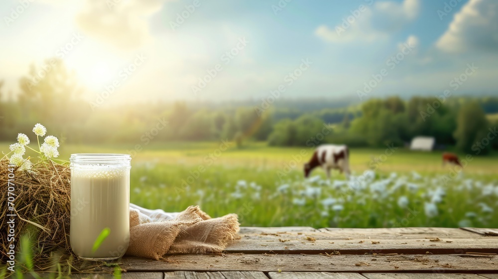 Milk with hay on wooden table and cow grazing in meadow Milk with hay on wooden table and cow grazing in meadow
