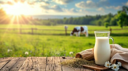 Milk with hay on wooden table and cow grazing in meadow