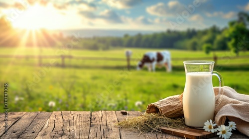 Fototapeta Naklejka Na Ścianę i Meble -  Milk with hay on wooden table and cow grazing in meadow